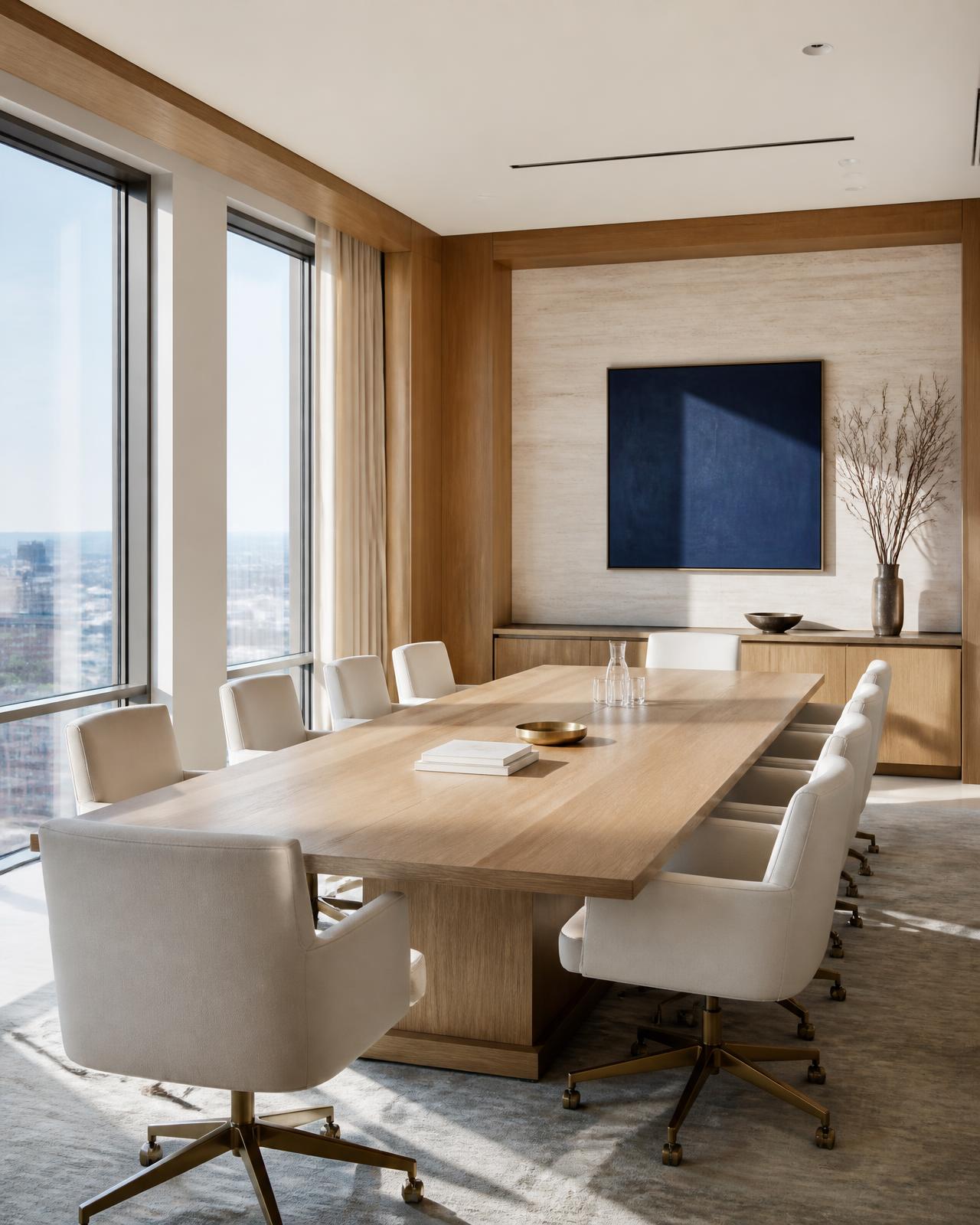Quiet wood-panelled advisory office with a leather chair beside a tall window